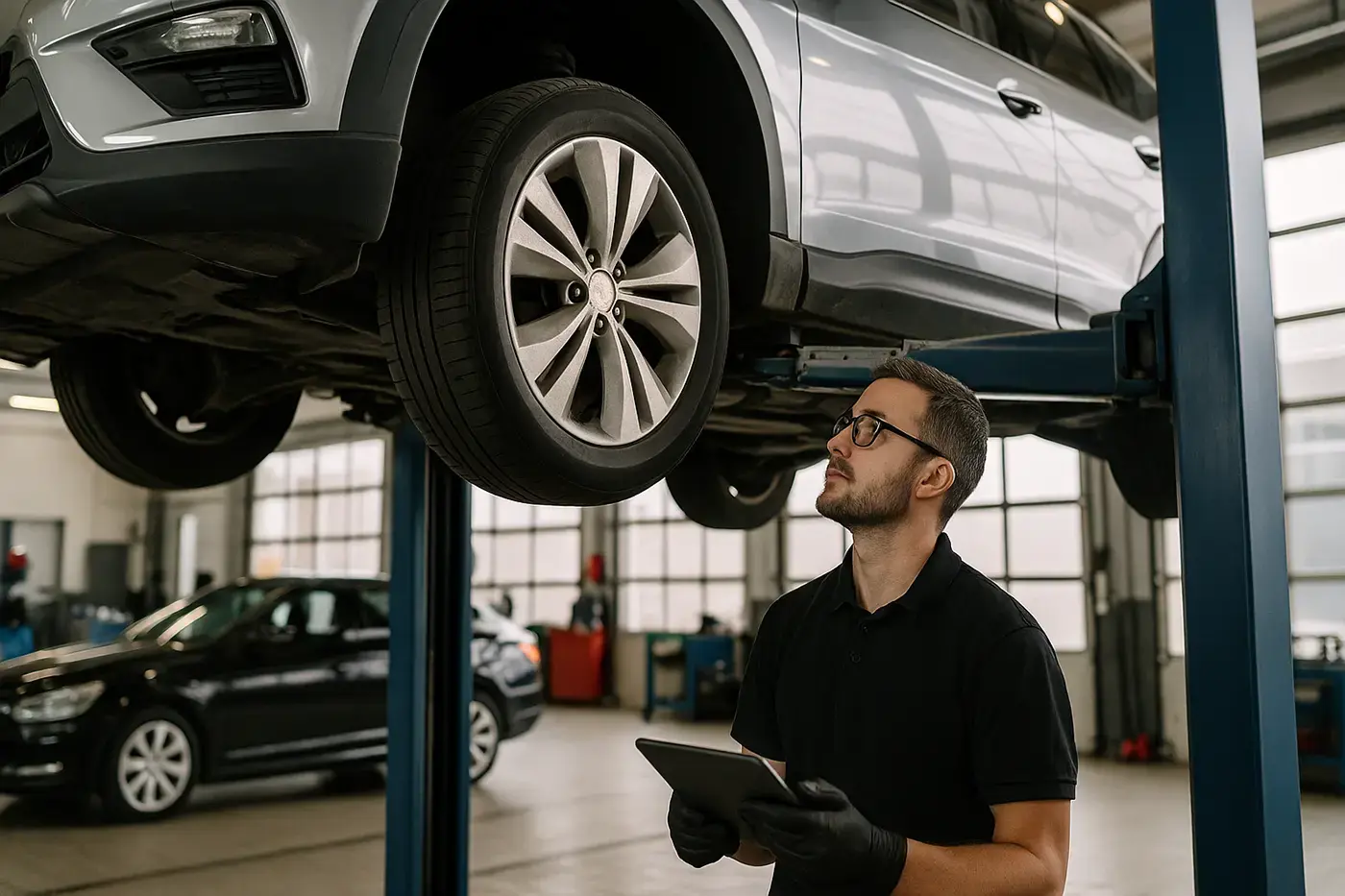 MOT test engineer checking a vehicle on a ramp